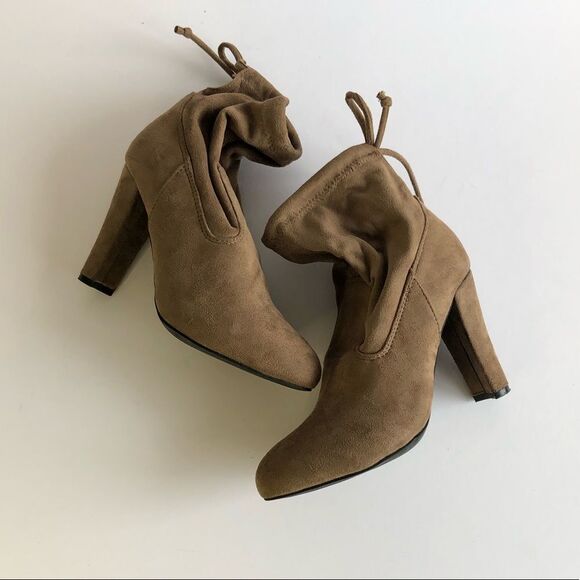 Revamped Suede Tie Up Ankle Chunky Heeled Booties Boots Heels Tan Brown - Picture 3 of 15